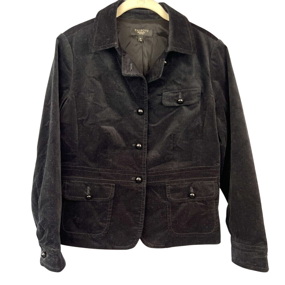 Talbots Black Velvet Jacket Blazer Size 10P Workwear Office Whimsigoth